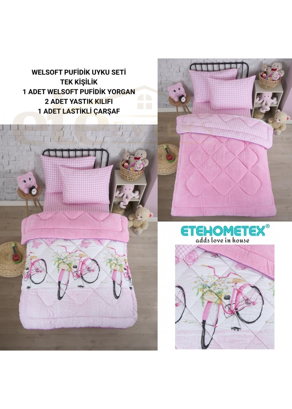 ETE HOMETEX TEK KİŞİLİK WELSOFT UYKU SETİ BİSİKLET PEMBE 8696474232004